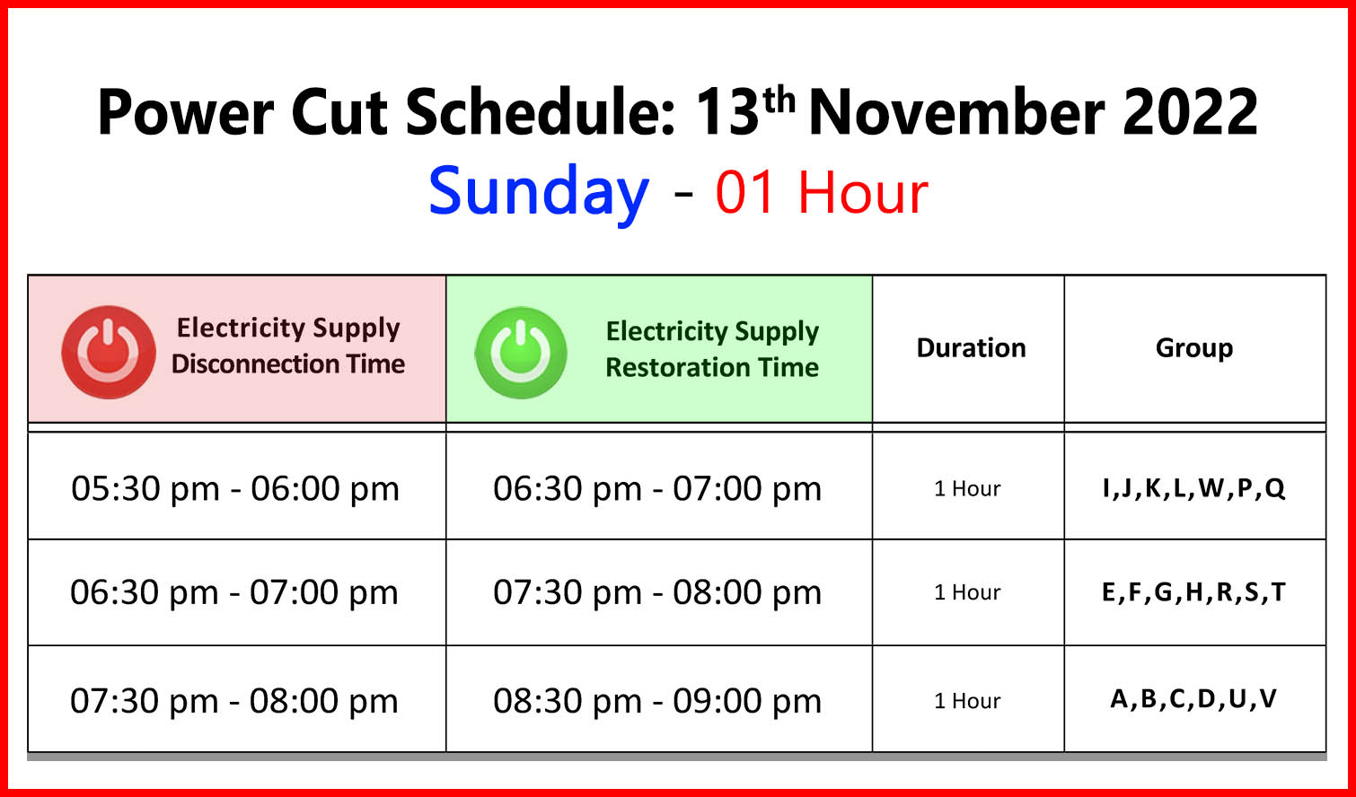Power Cut Schedule Today 13-11-2022 Powercut Time Table 13 November 2022