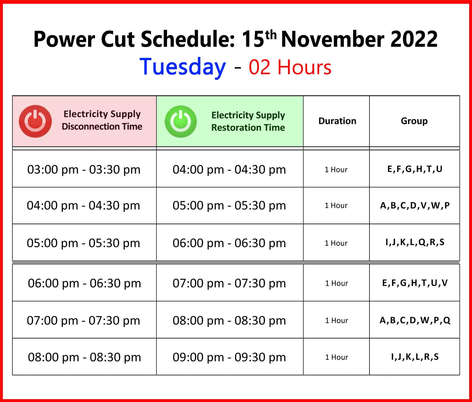 Power Cut Schedule Today 15-11-2022 - 15 November 2022 Current Cut Time Table