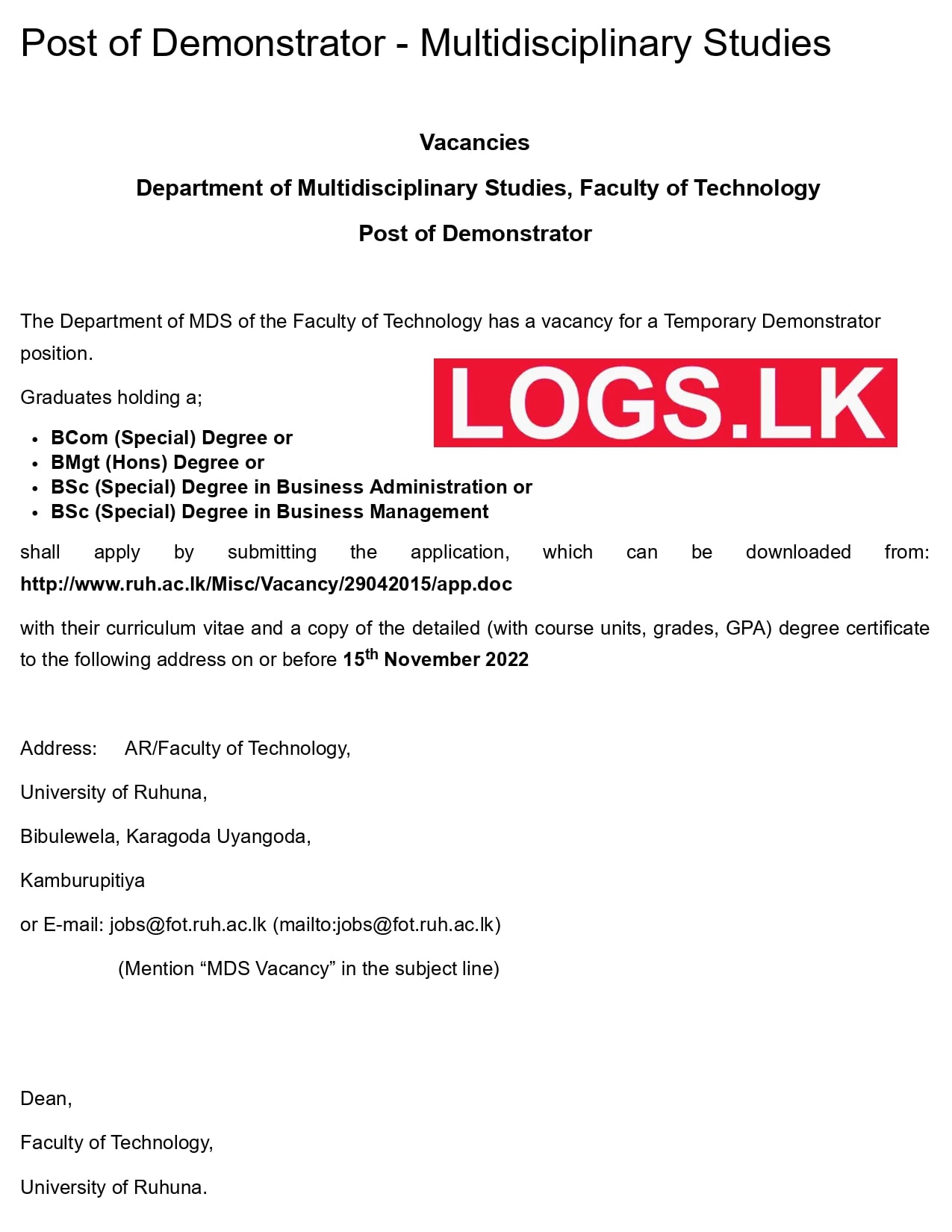 Demonstrator (Multidisciplinary Studies) - University of Ruhuna Jobs Vacancies