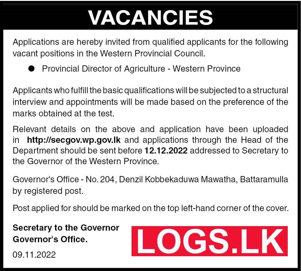 Provincial Director of Agriculture – Western Province Governor’s Office Jobs Vacancies