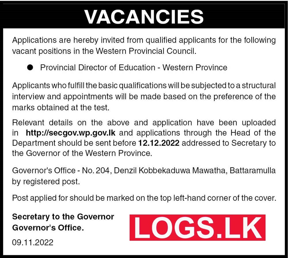 Provincial Director of Education - Western Province Governor's Office Jobs Vacancies
