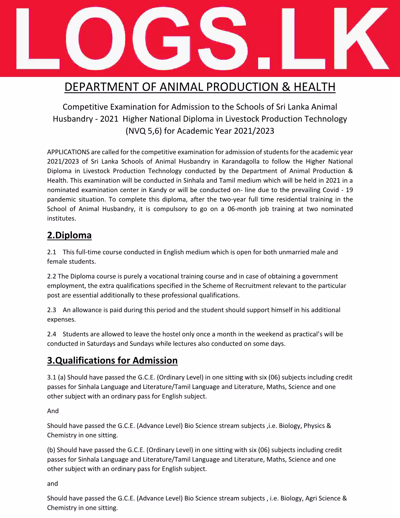 Department of Animal Production and Health Courses
