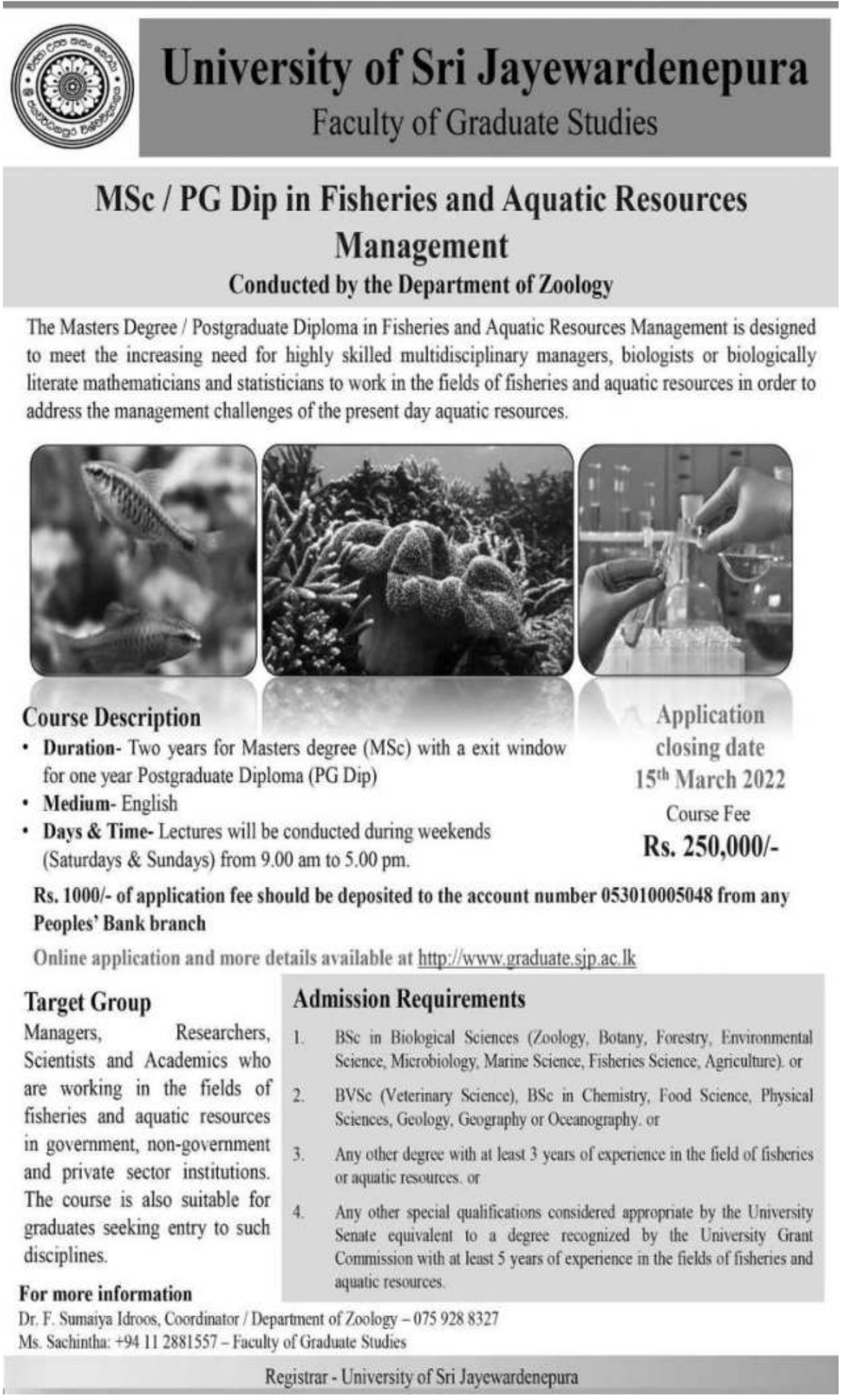M.Sc. / Post Graduate Diploma in Fisheries and Aquatic Resources Management 2022 – Department of Zoology – University of Sri Jayewardenepura