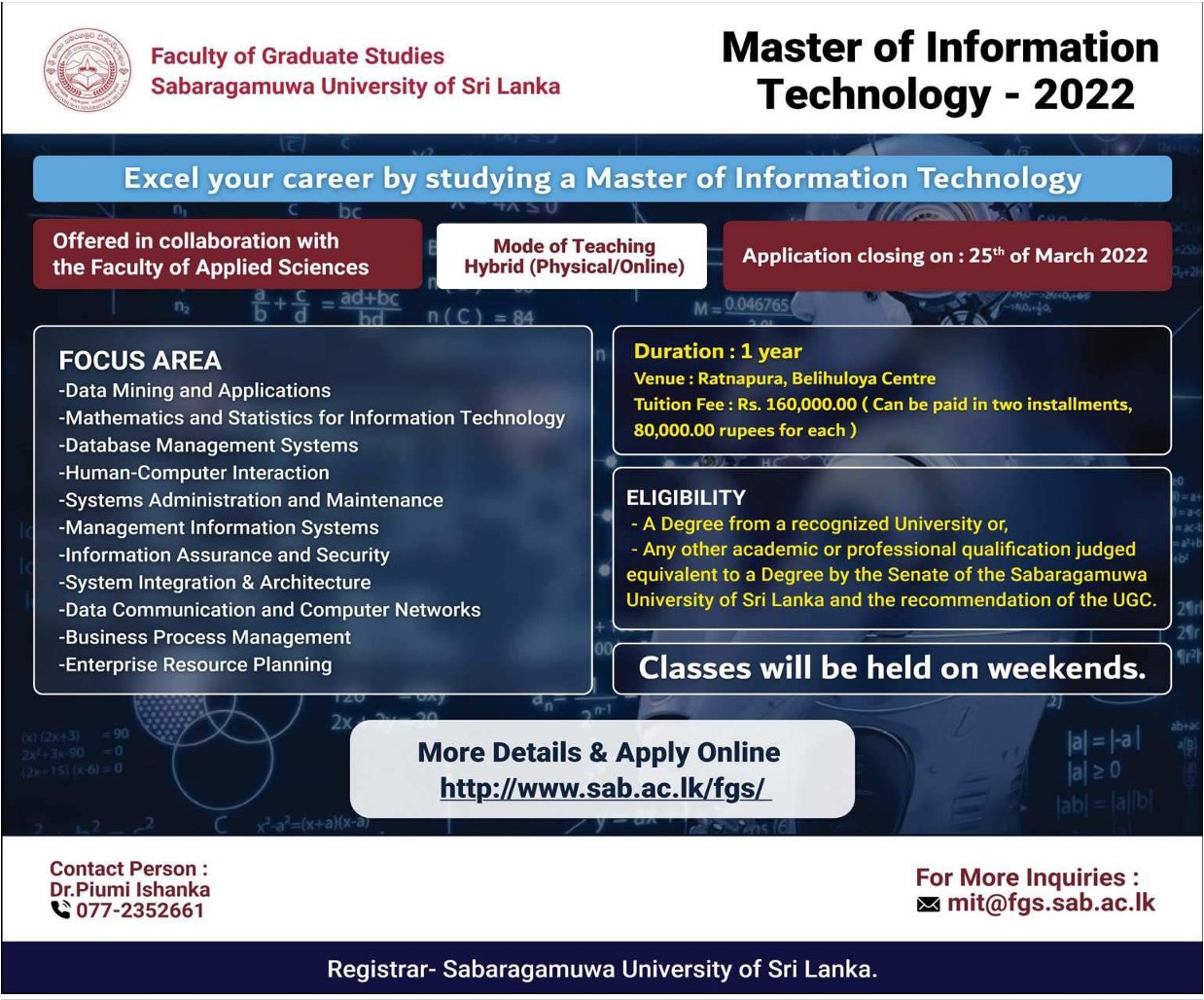 Master of Information Technology 2022 Degree Sabaragamuwa University