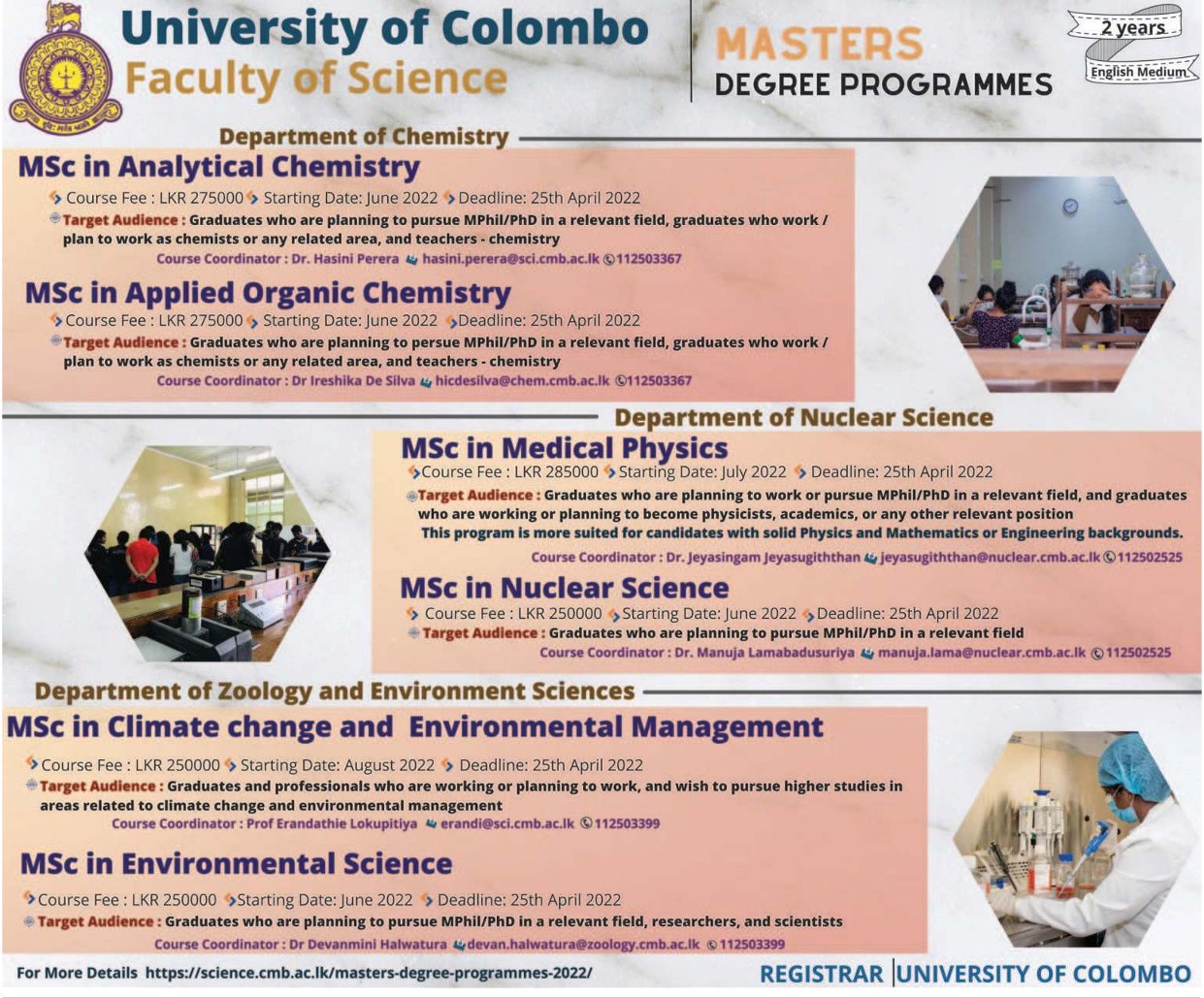 Masters Degree Programmes 2022 Intake - Faculty of Science - University of Colombo