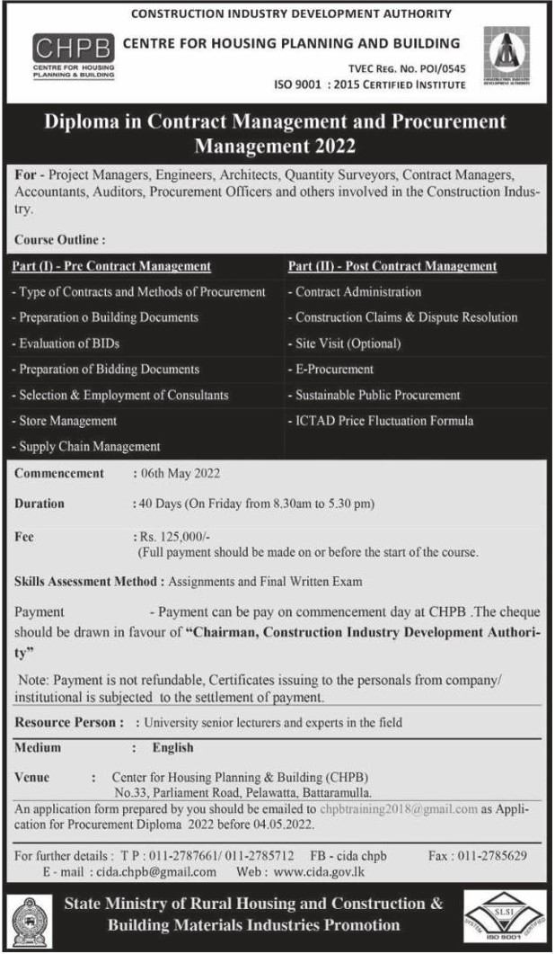 Diploma in Contract Management and Procurement Management 2022 - Centre for Housing Planning and Building Diploma courses Application