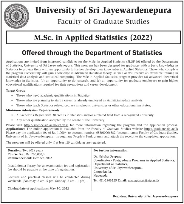 M.Sc. in Applied Statistics (2022) - University of Sri Jayewardenepura Degree Courses