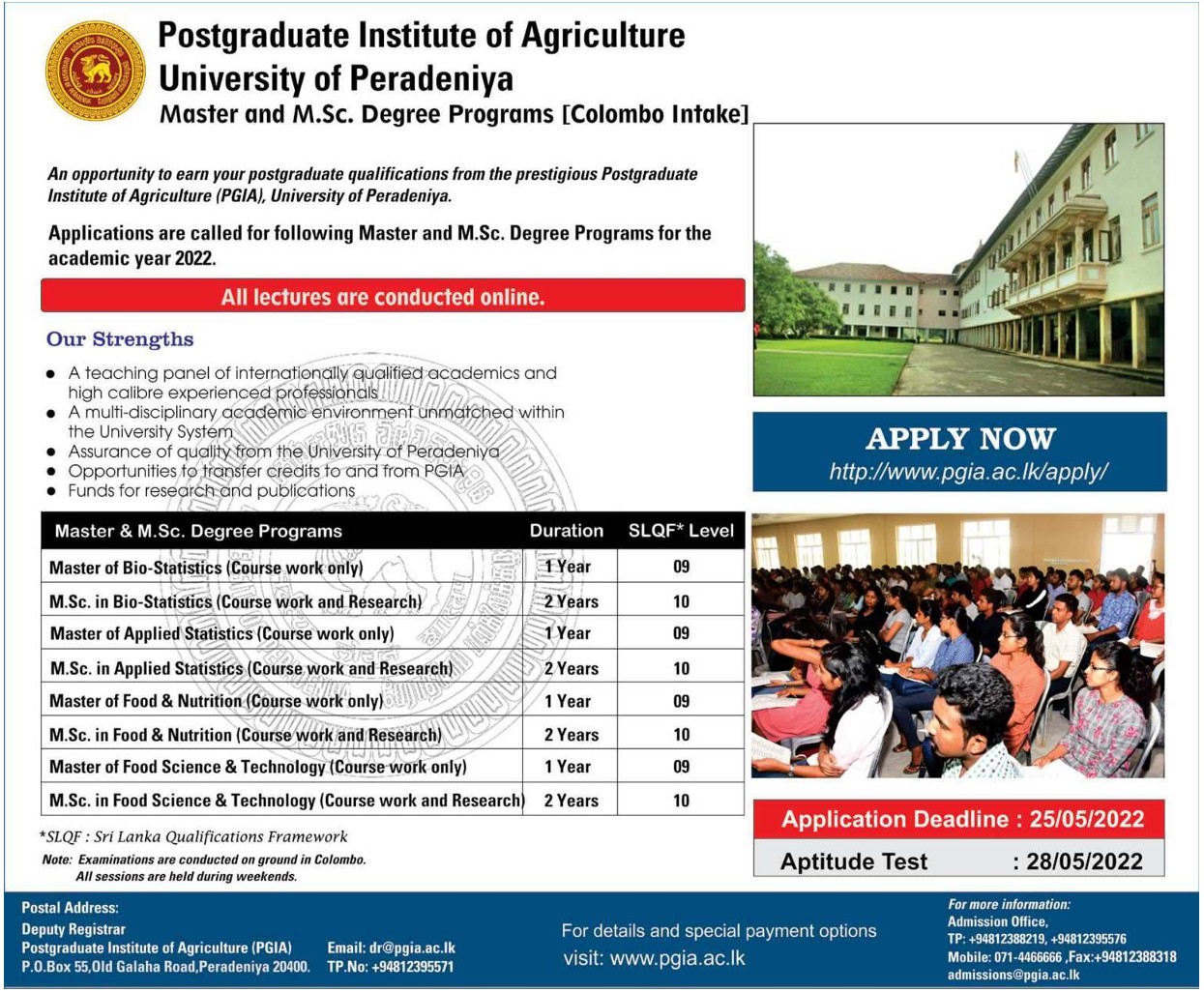 Master and M.Sc. Degree Programmes 2022 - Institute of Agriculture - University of Peradeniya Courses