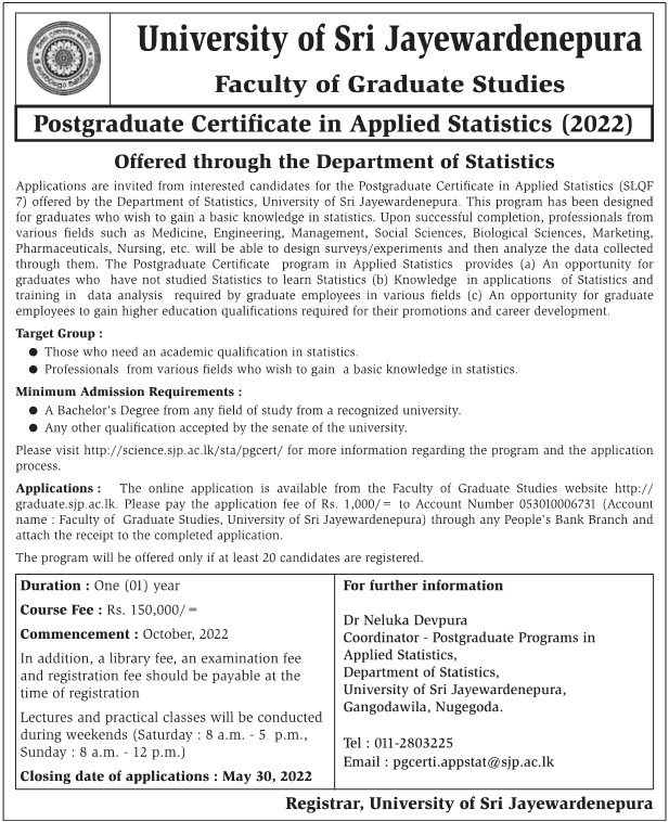 Postgraduate Certificate in Applied Statistics (2022) - University of Sri Jayewardenepura Courses Application