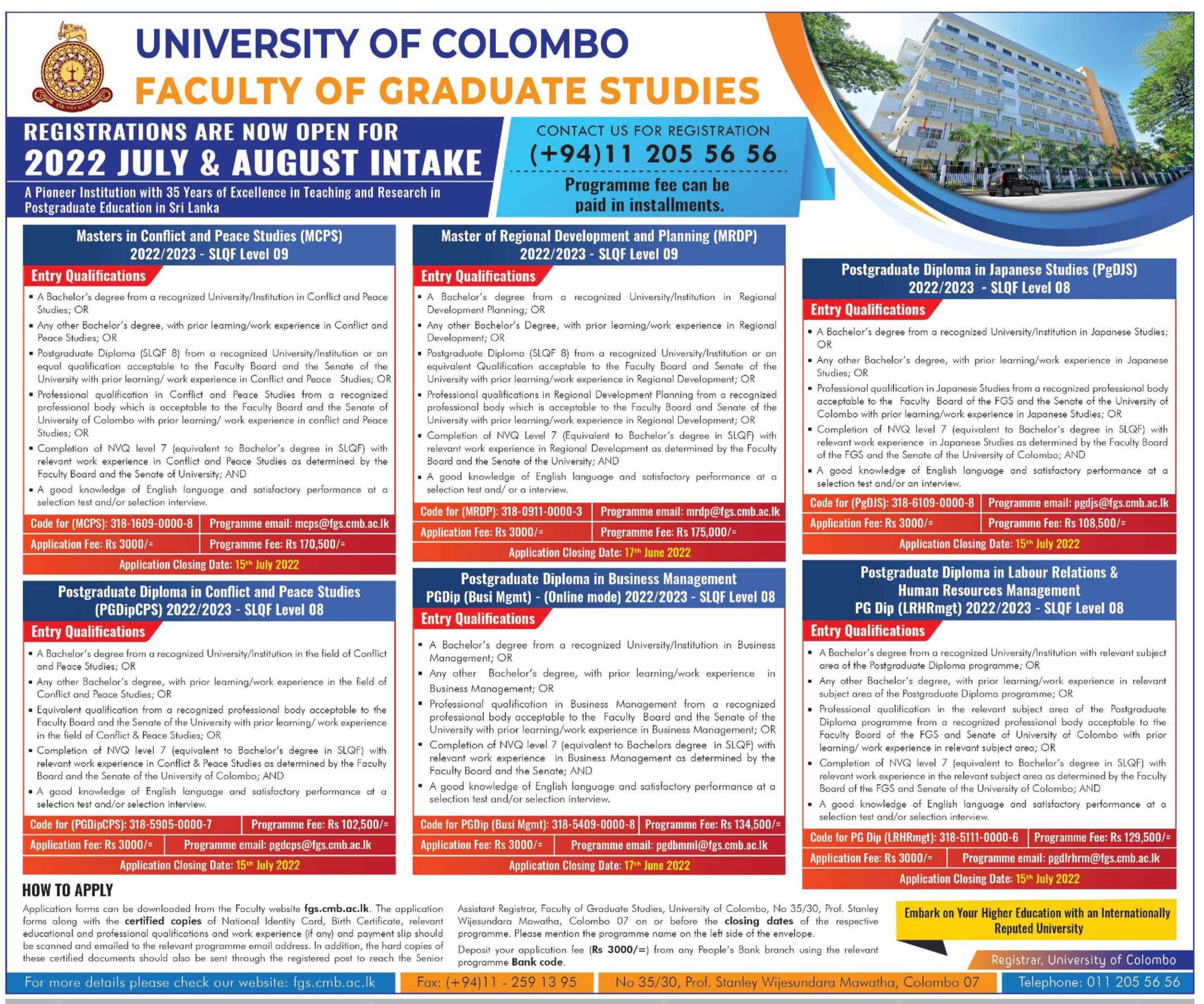Faculty of Graduate Studies 2022 July & August Intake - University of Colombo