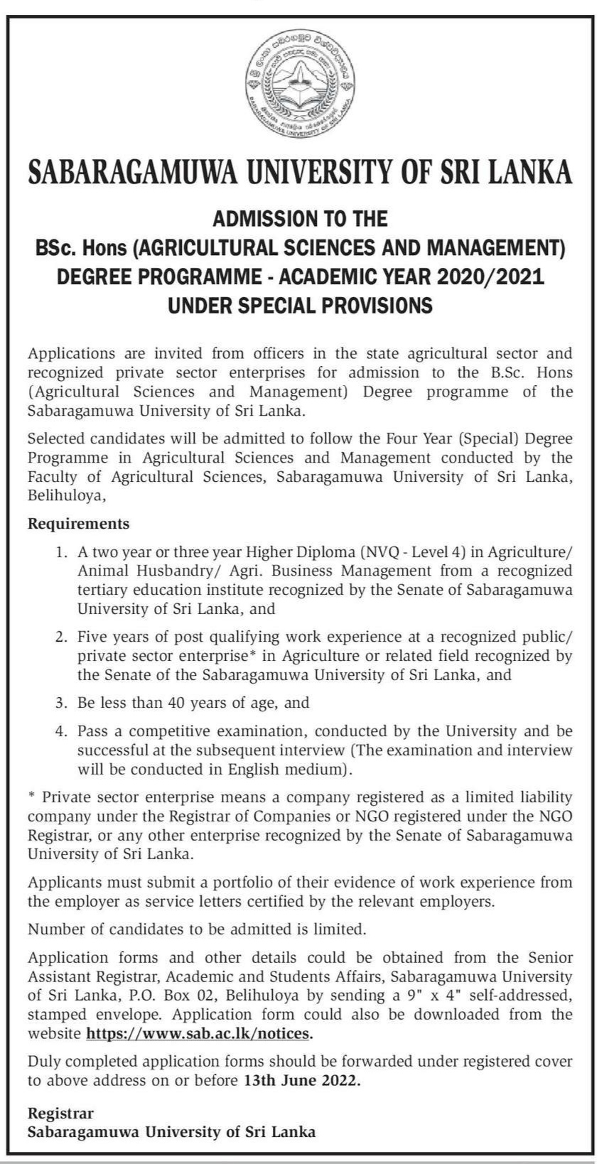 B.Sc.Hons(Agriculture Science Management) Degree Programme - Sabaragamuwa University