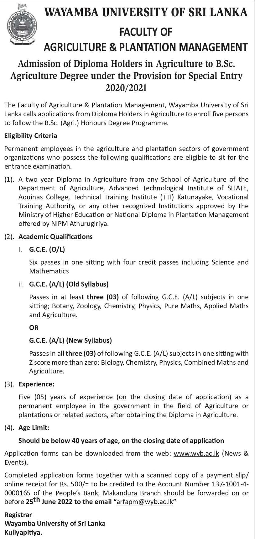 Admission of Diploma Holders in Agriculture to B.Sc. Agriculture Degree under the Provision for Special Entry 2020/2021