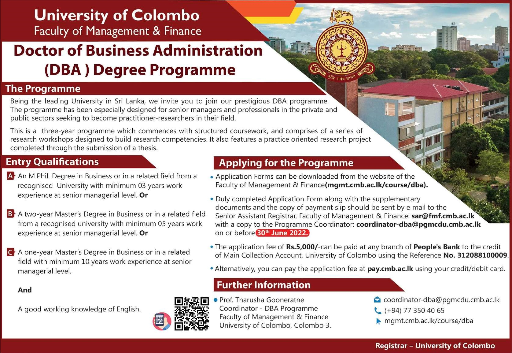 Doctor of Business Administration (DBA) Degree 2022 - University of Colombo
