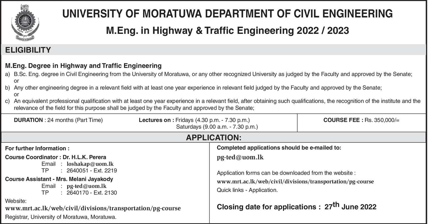 Highway and Traffic Engineering Degree 2022/2023 - University of Moratuwa Degree Courses