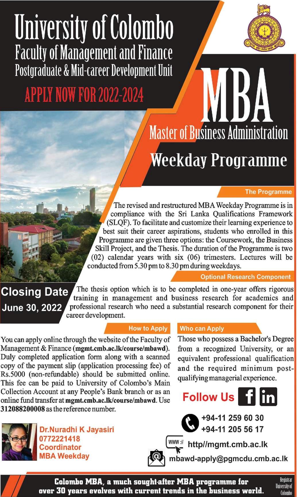 MBA Master of Business Administration Weekday Programme - University of Colombo Jobs Vacancies