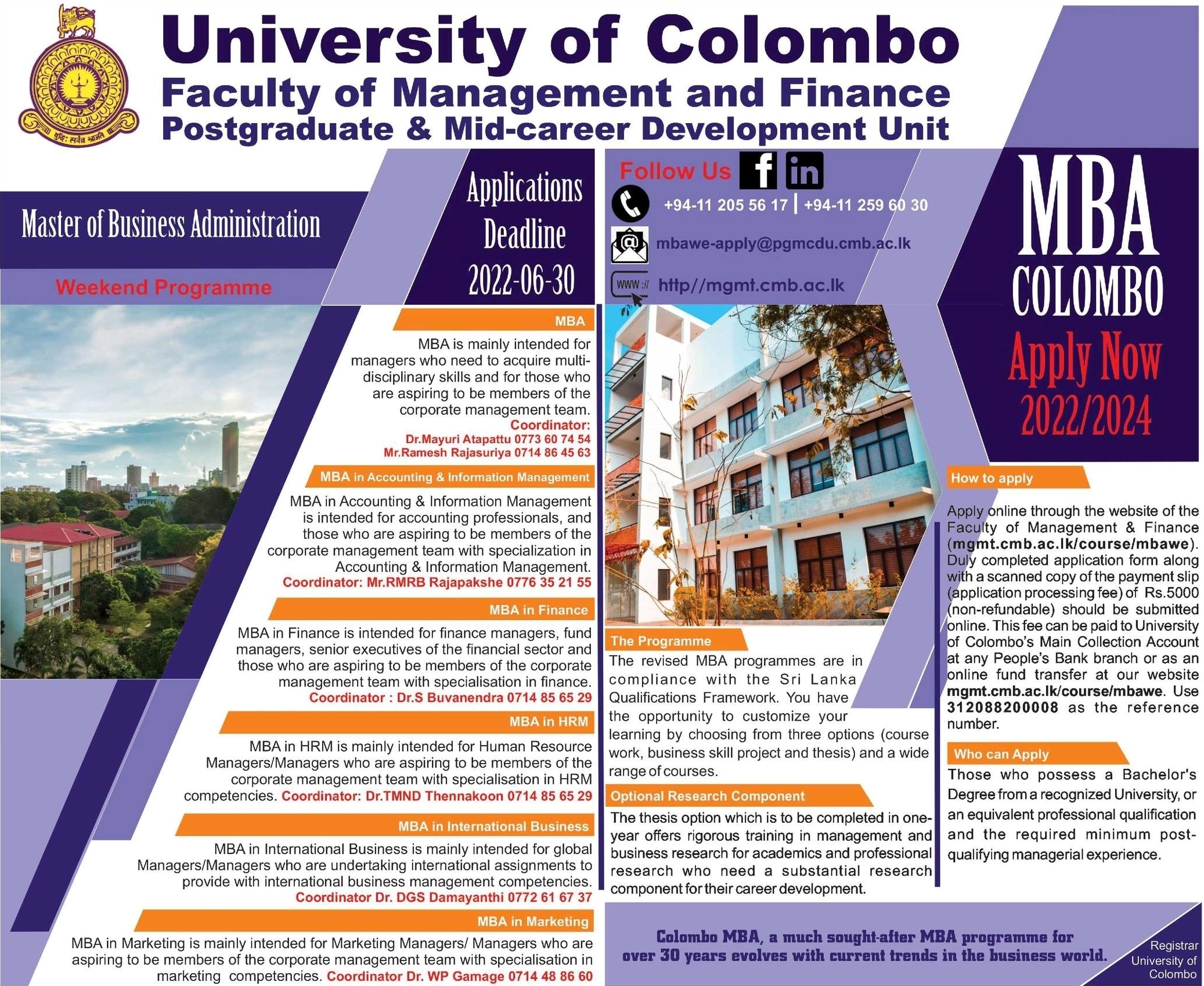 MBA Master of Business Administration Weekend Degree Programme - University of Colombo