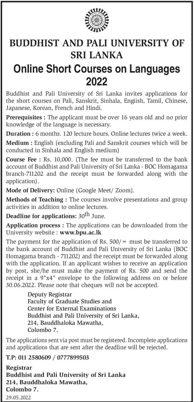 Online Short Courses on Languages 2022 - Buddhist and Pali University