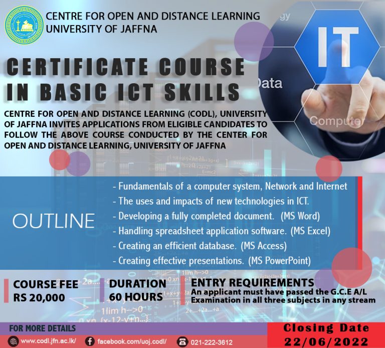 Certificate Course in Basic ICT Skills - University of Jaffna IT Courses Details
