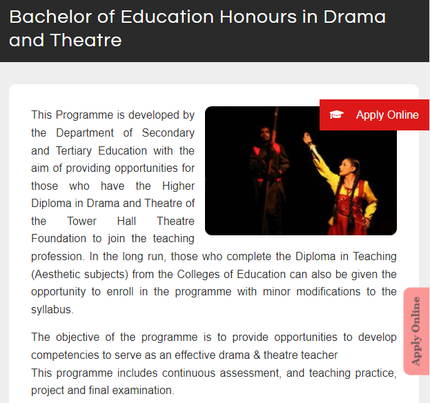 Bachelor of Education Honours in Drama and Theatre Undergraduate Programme 2022 Apply Online