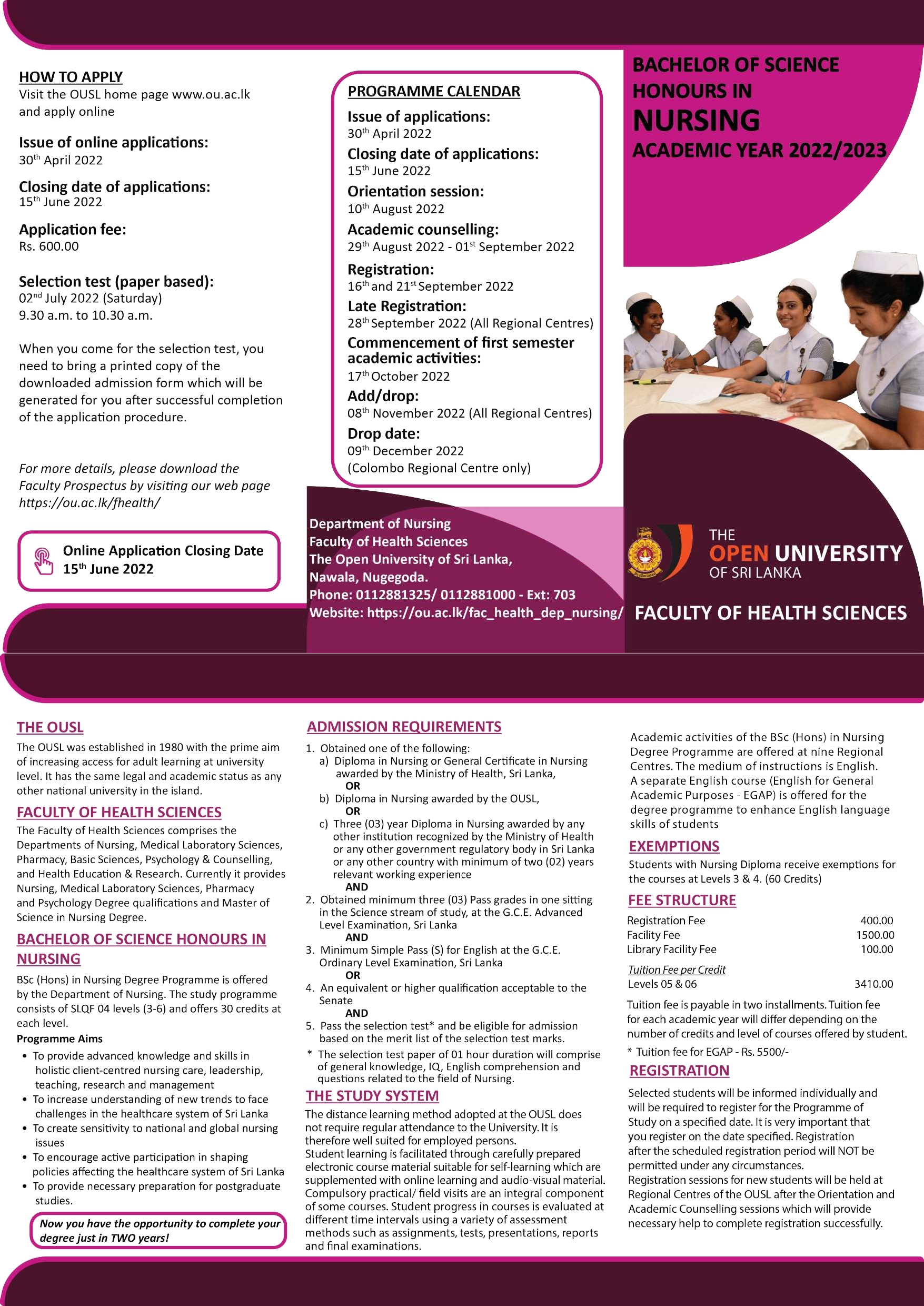 Bachelor of Science Honours in Nursing Degree 2022 - Open University of Sri Lanka (OUSL) Degree