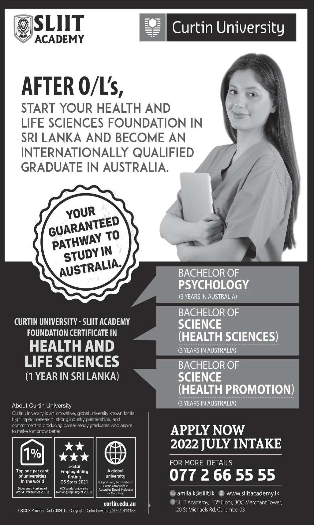 After O/L Health and Science Degree - SLIIT Academy Degree Programme Details