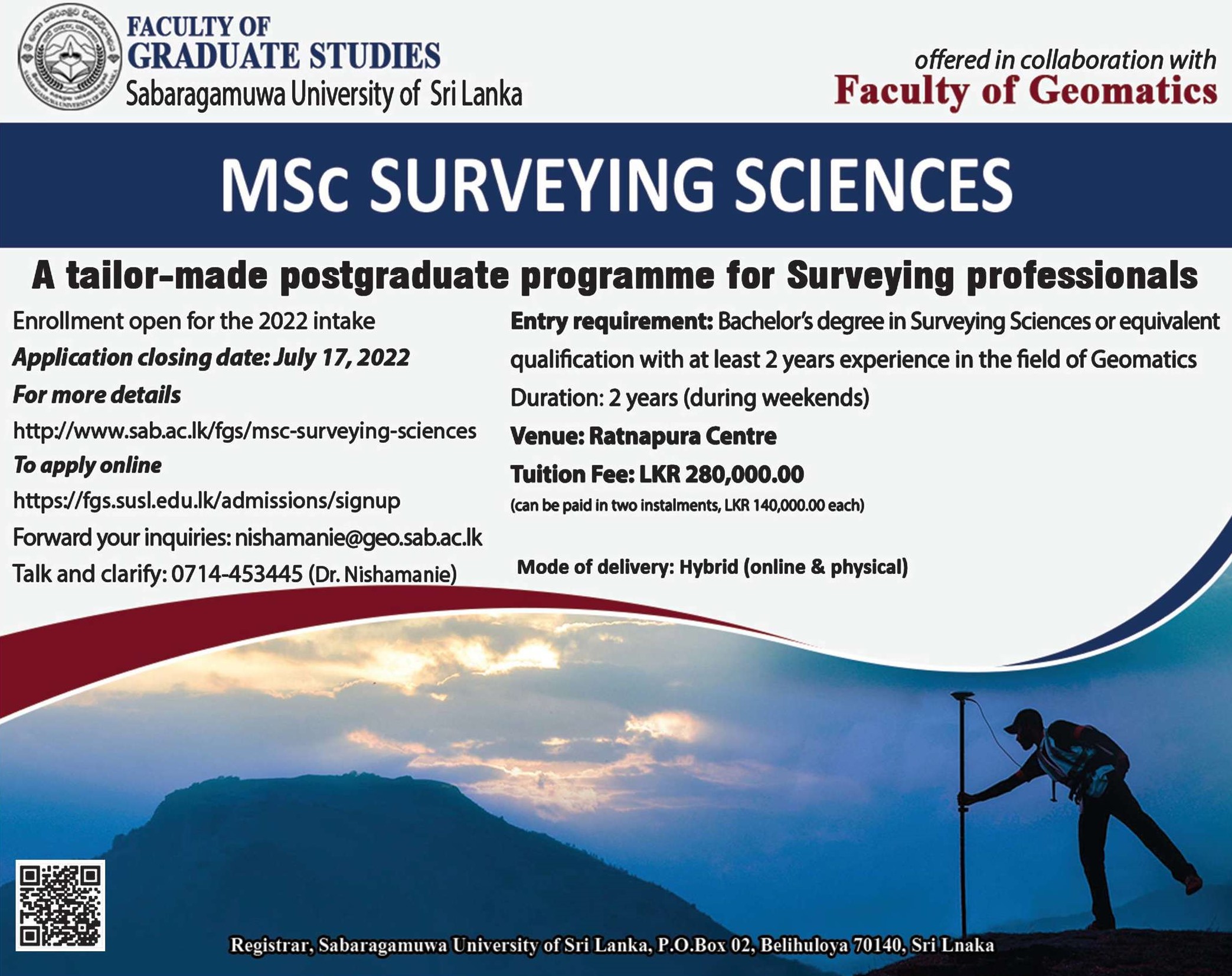 MSc Surveying Sciences Postgraduate Degree Programme 2022 - Sabaragamuwa University Courses Degree Programme