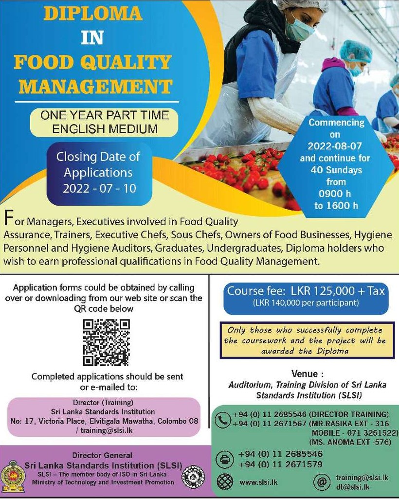 Diploma in Food Quality Management 2022 - SLSI - Sri Lanka Standards Institution Diploma Course Details