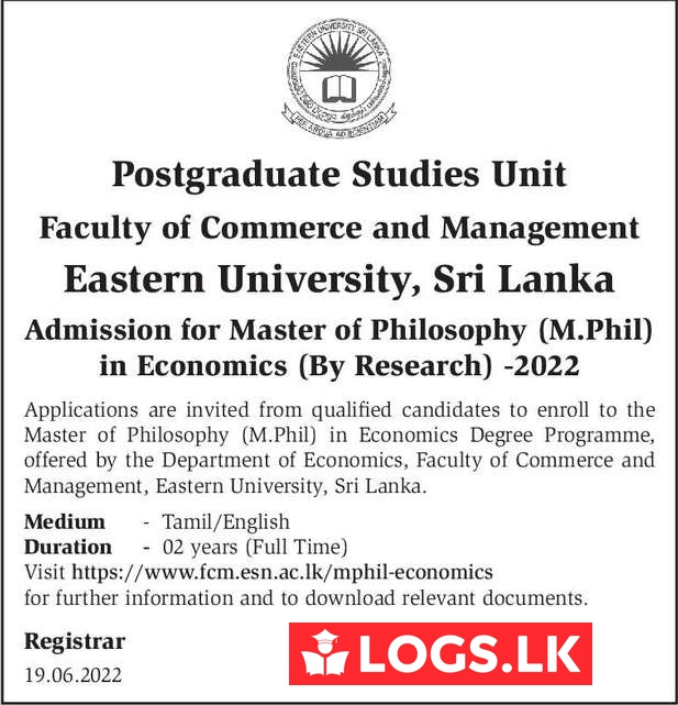 Master of Philosophy (MPhil) in Economics - 2021 (By Research) 2022 - Eastern University Courses Diploma