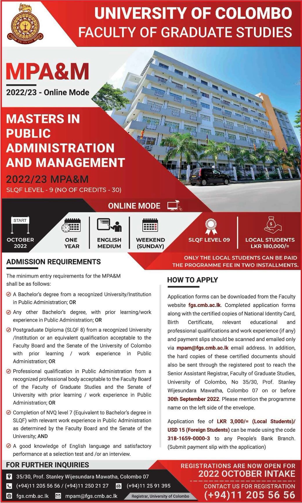Masters in Public Administration and Management - MPA&M - 2022/23 Online - University of Colombo