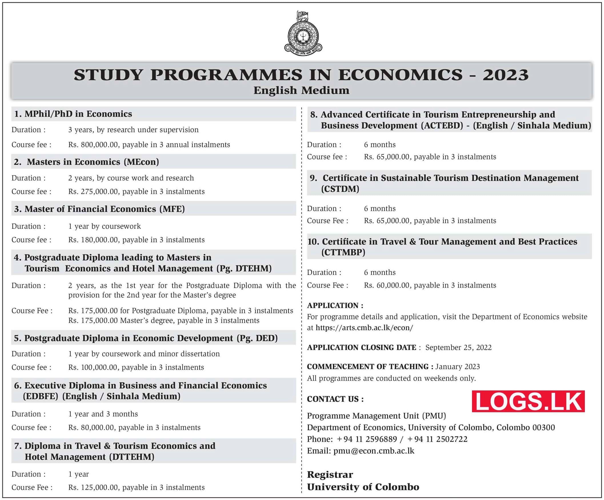 Study Programmes in Economics 2023 - University of Colombo Details, Application Form