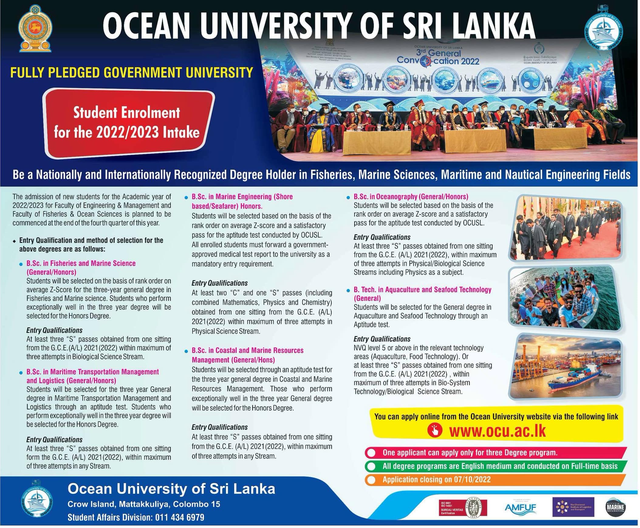 Ocean University of Sri Lanka Degree Courses Application 2023