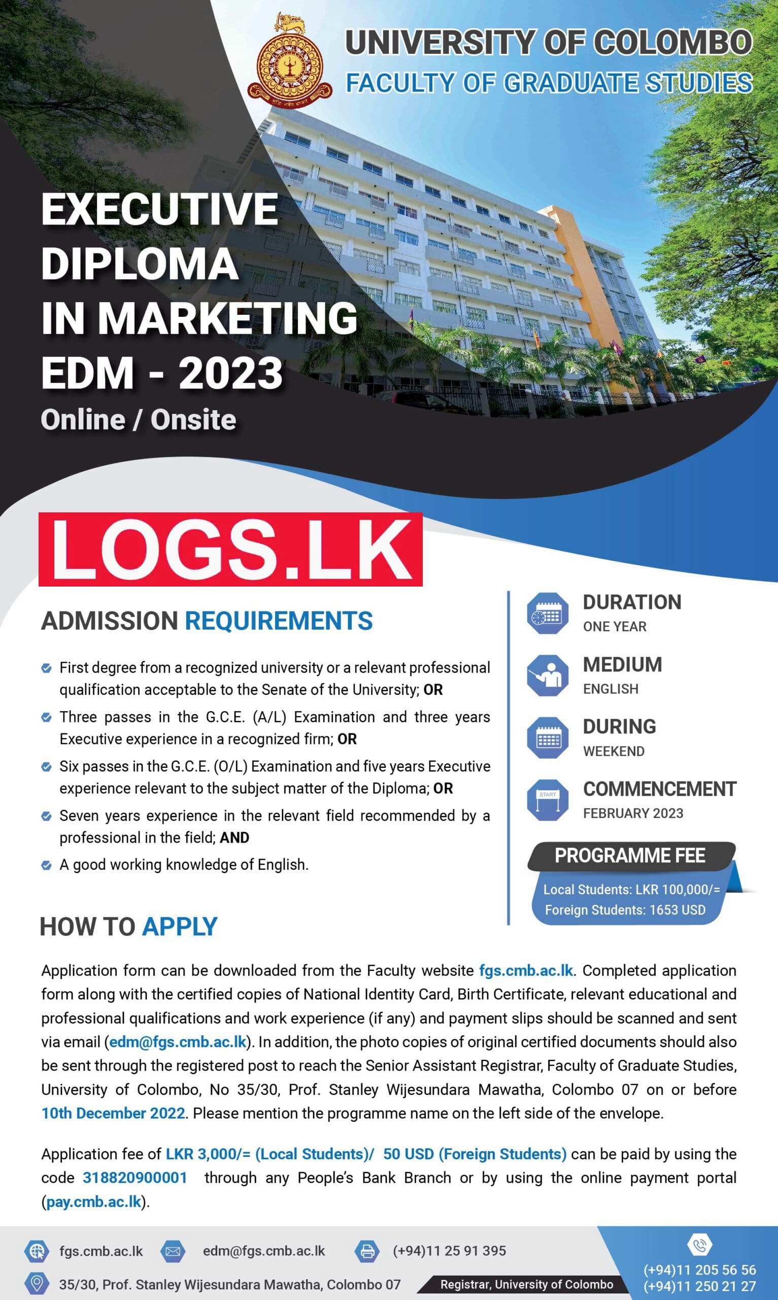 Executive Diploma in Marketing (EDM) - 2023 - Online / Onsite - University of Colombo Details, Application Form Download