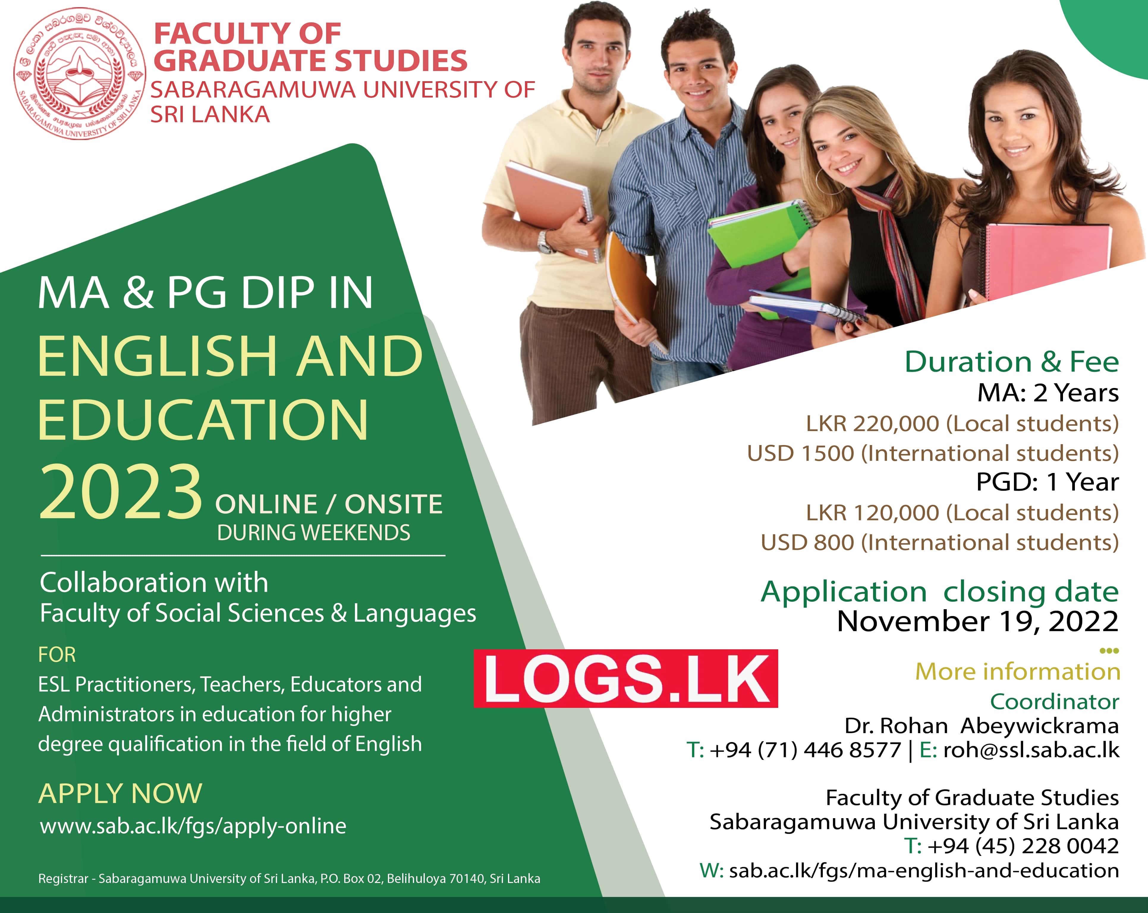 MA in English & Education Degree Programme - Sabaragamuwa University Courses Details, Application Form Download