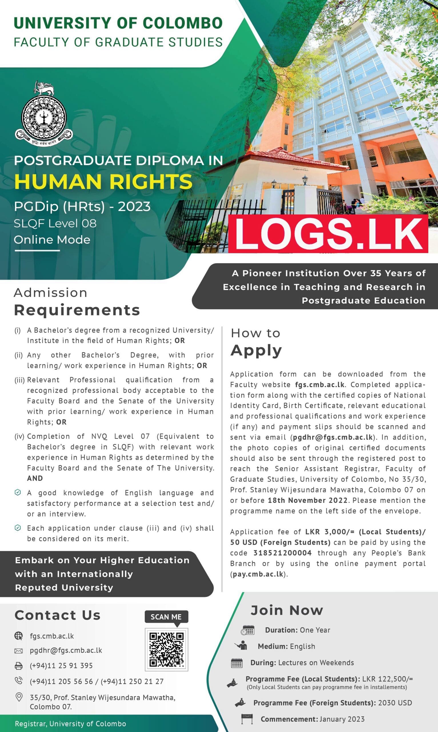 Postgraduate Diploma in Human Rights - PGDip (HRts) 2023 - Online Mode - University of Colombo Degree Details, Application Form