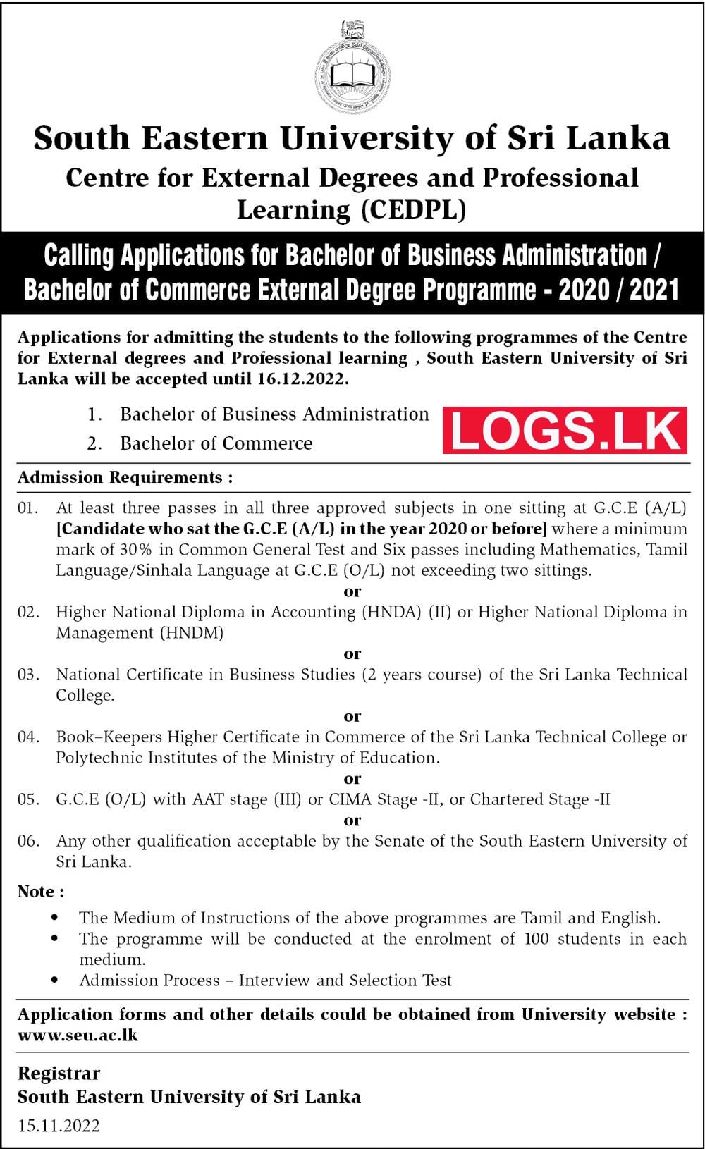 Bachelor of Business Administration - 2020 / 2021 - South Eastern University BBA Degree Application