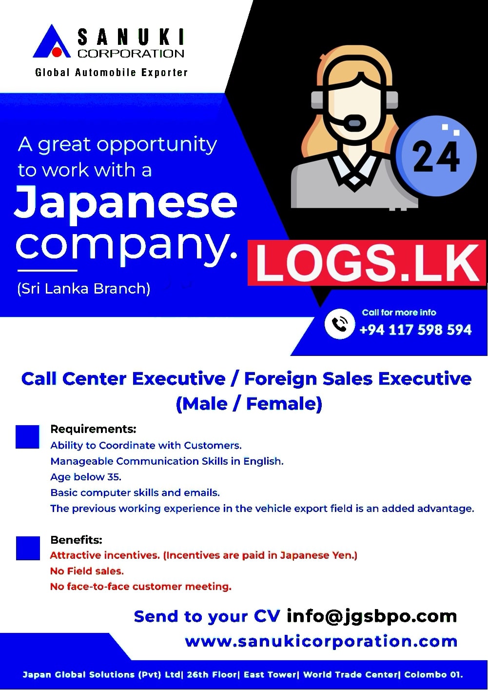 Call Center Executive Job Vacancy in Sanuki Corporation Jobs Vacancies Details, Application Form Download