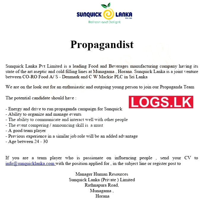 Propagandist Job Vacancy in Sunquick Lanka Jobs Vacancies