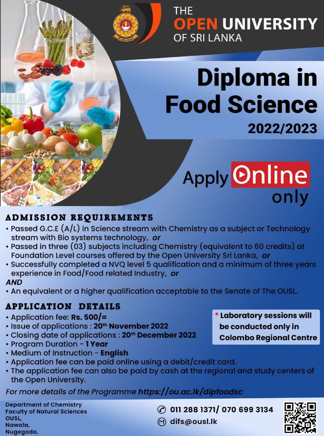 Diploma in Food Science 2023 - Open University Courses 2023 Details, Application Form Download