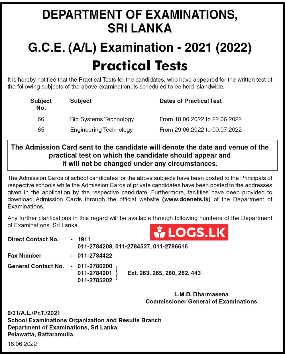 Admission Card Download (Technology Stream) G.C.E. A/L Examination 2021 (2022) Practical Tests