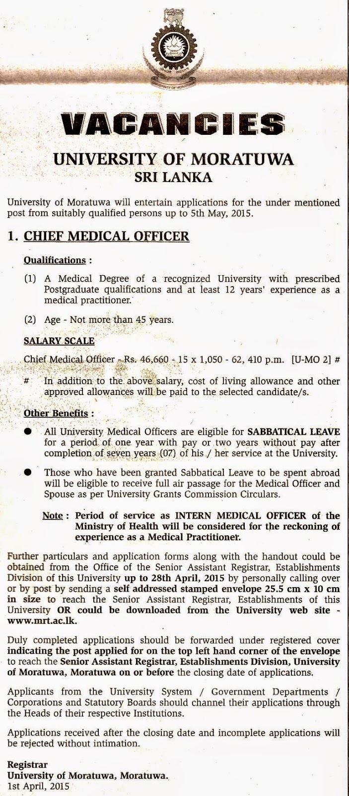 Chief Medical Officer Vacancies in University of Moratuwa
