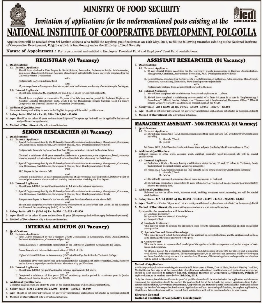 Sri Lanka National Institute of Cooperative Development Vacancies