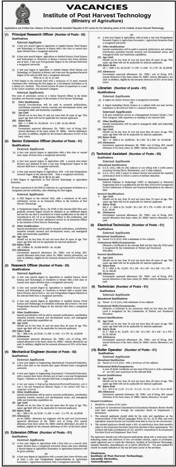 Institute of Post Harvest Technology Ministry of Agriculture Vacancies