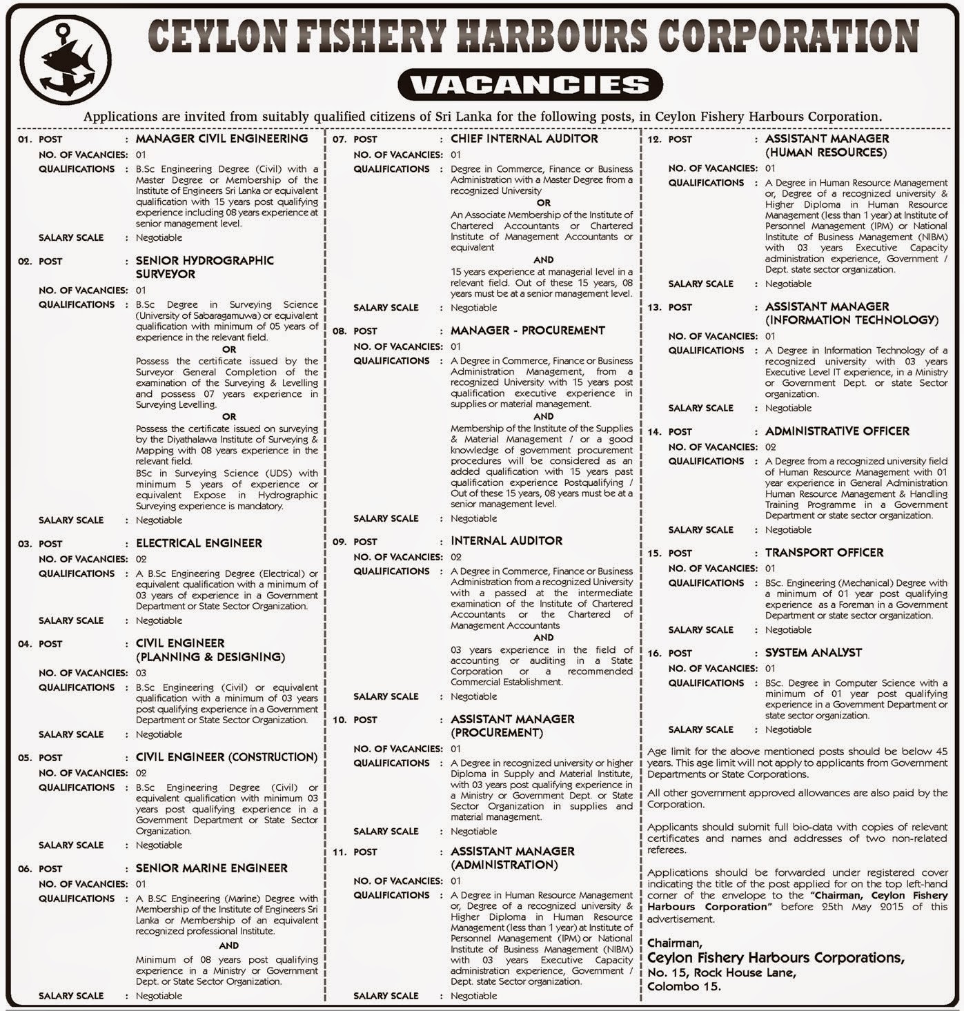 Vacancies in Ceylon Fishery Harbours Corporation