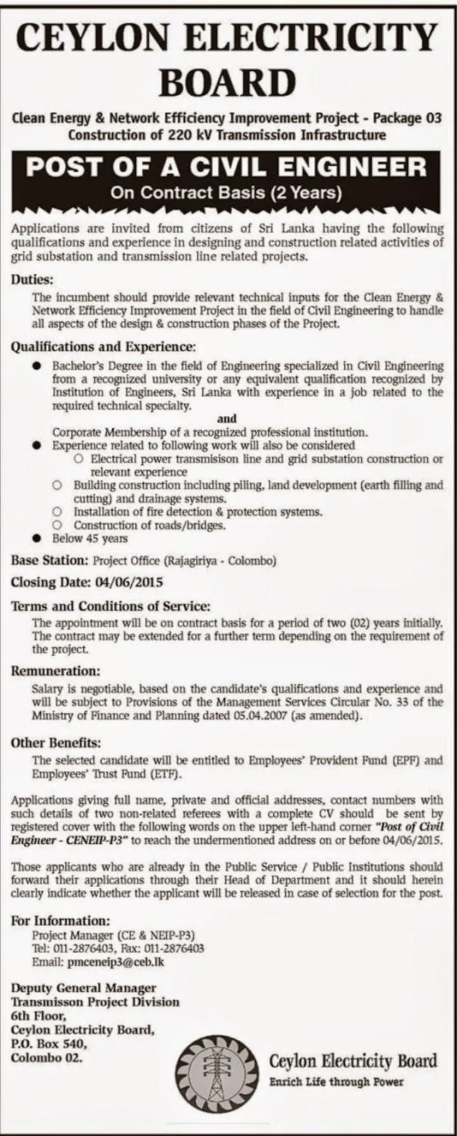 Civil Engineer Vacancies in CEB Sri Lanka