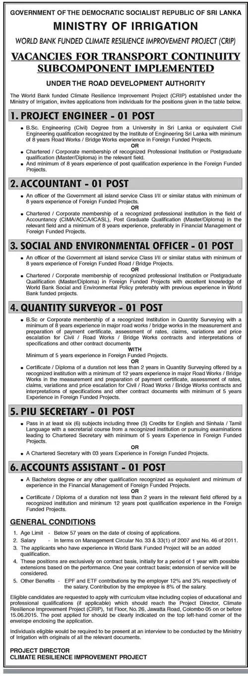 Contract Basis Vacancies in Ministry of Irrigation
