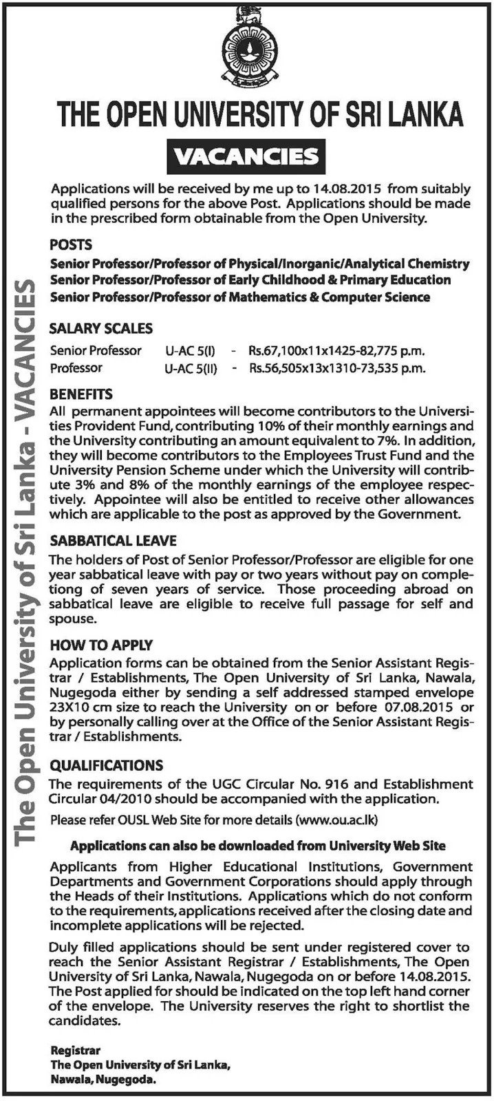 Jobs Vacancies in OUSL Sri Lanka