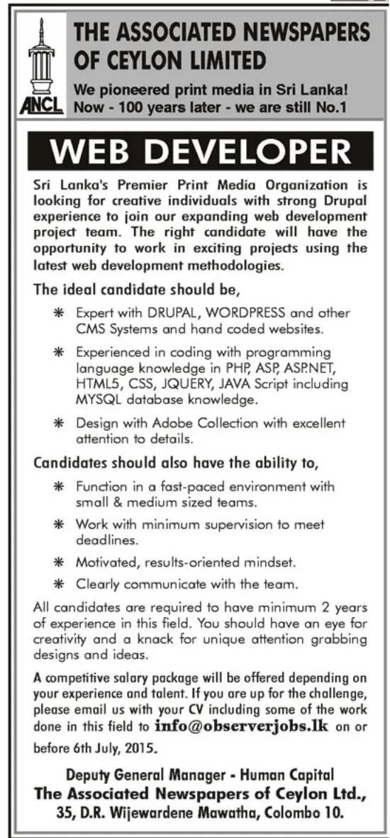 Web Developer Vacancy in The Associated Newspapers of Ceylon Ltd