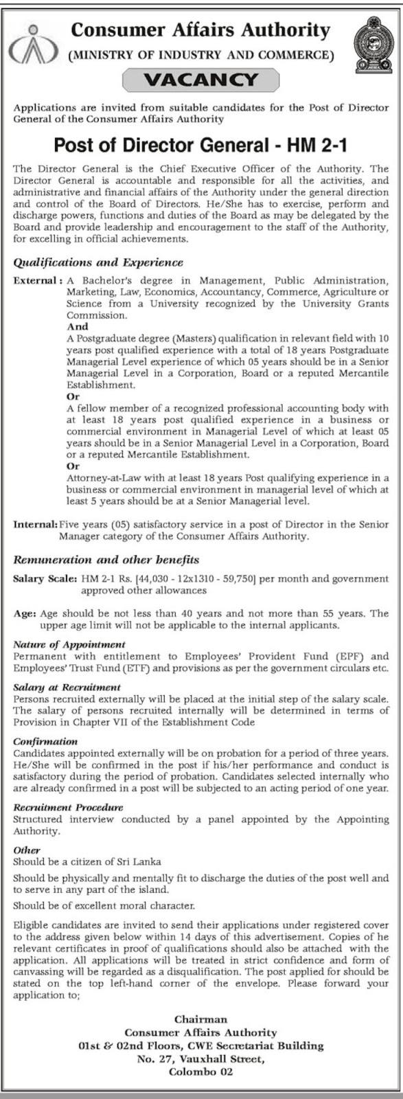 Director Post Vacancy in Consumer Affairs Authority