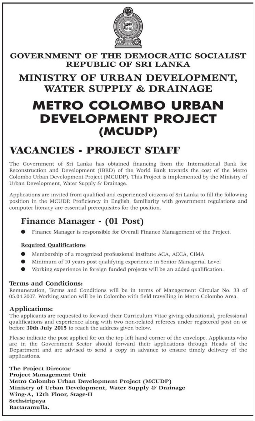 Finance Manager Vacancy in Ministry of Urban Development