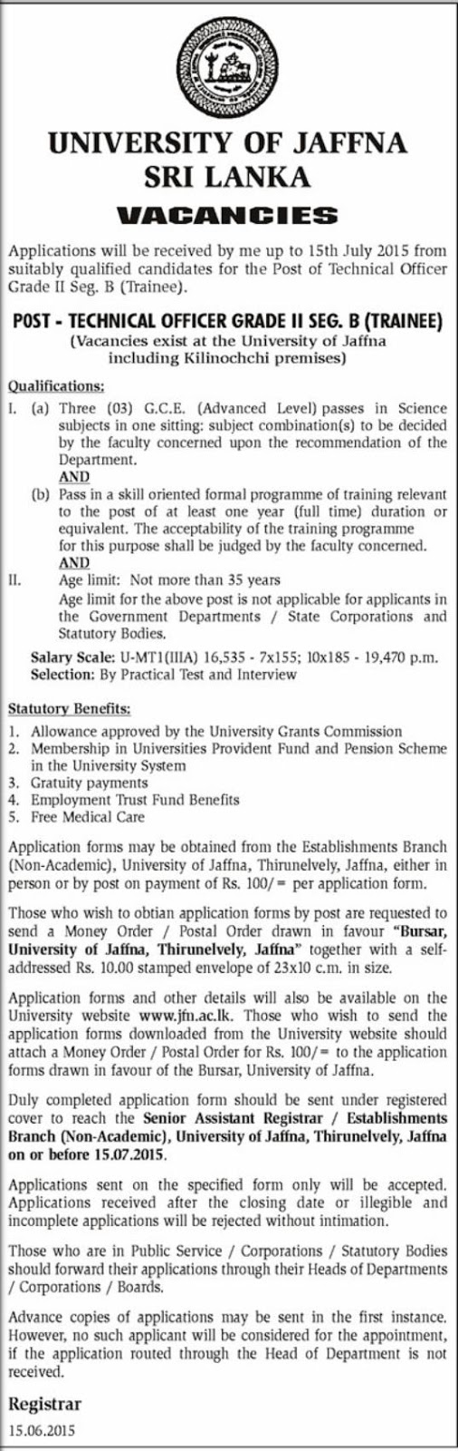 Technical Officer Jobs Vacancies in University of Jaffna